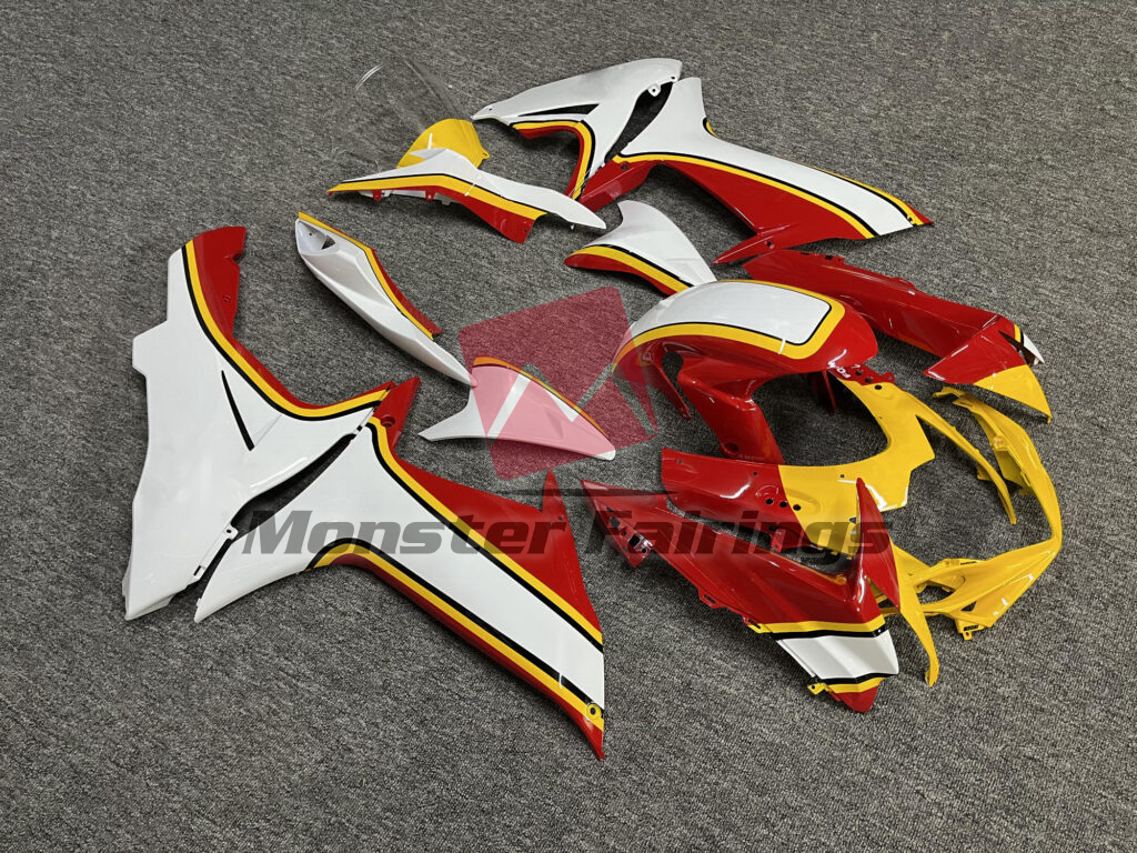 Suzuki GSXR custom ABS fairings 2011 - 2025 in Gloss White & Red Yellow - durable replacement kit, Monster Fairings