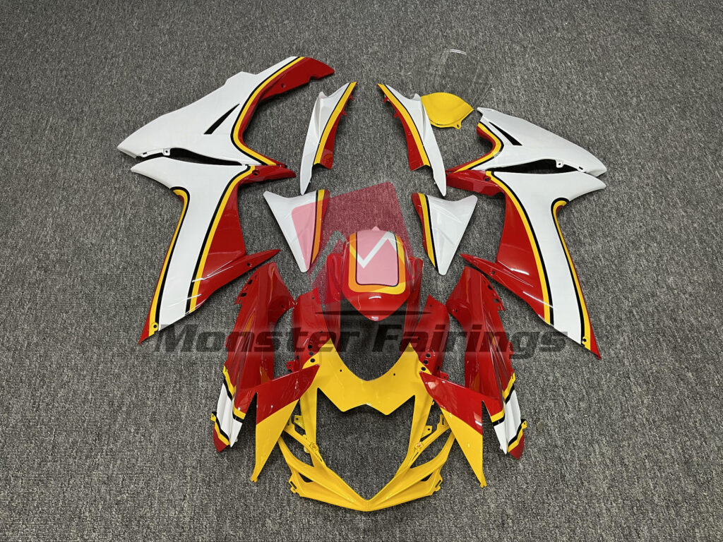 Suzuki GSXR 600 - 750 2011 - 2025 Gloss White & Red Yellow ABS fairings - custom motorcycle bodywork kit by Monster Fairings