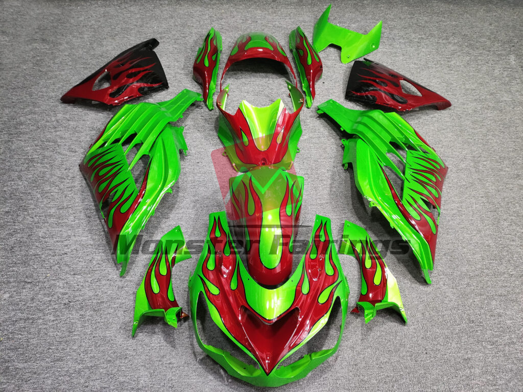Kawasaki ZX14R 2012 - 2024 Gloss Green Red Flames ABS fairings - custom motorcycle bodywork kit by Monster Fairings