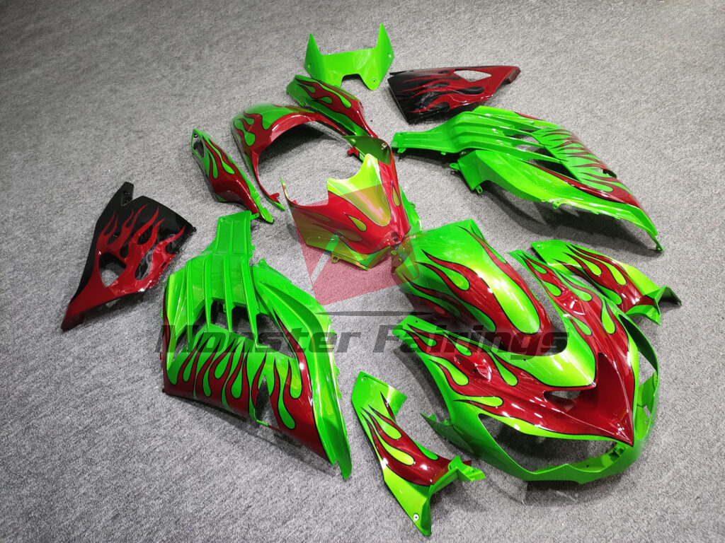 Kawasaki ZX14R custom ABS fairings 2012 - 2024 in Gloss Green Red Flames - durable replacement kit, Monster Fairings