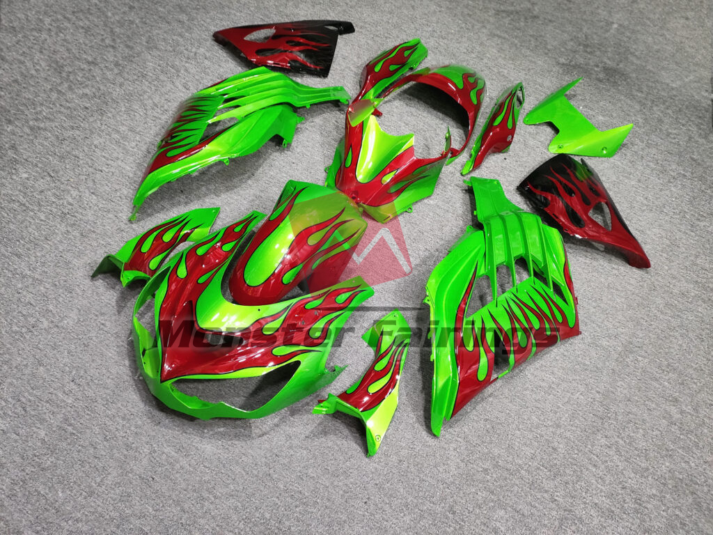Gloss Green Red Flames ABS fairings for Kawasaki ZX14R 2012 - 2024 - premium OEM fit kit by Monster Fairings