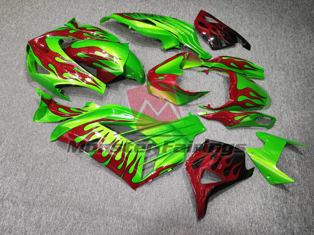 2012 - 2024 Kawasaki ZX14R Gloss Green Red Flames fairing set - ABS injection, custom painted by Monster Fairings