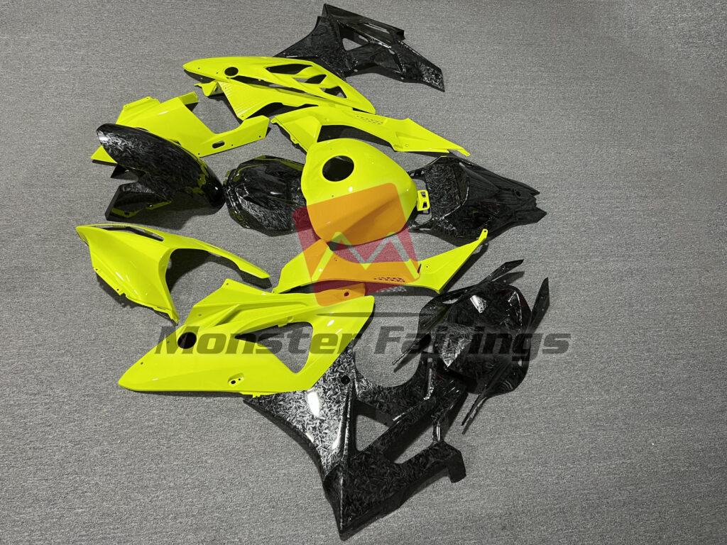 2009 - 2014 BMW S1000RR Gloss High Viz Yellow Forged Carbon Fiber Style fairing set - ABS injection, custom painted by Monster Fairings