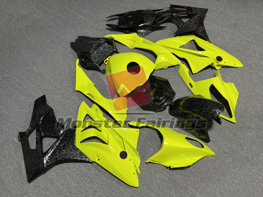 BMW S1000RR custom ABS fairings 2009 - 2014 in Gloss High Viz Yellow Forged Carbon Fiber Style - durable replacement kit, Monster Fairings