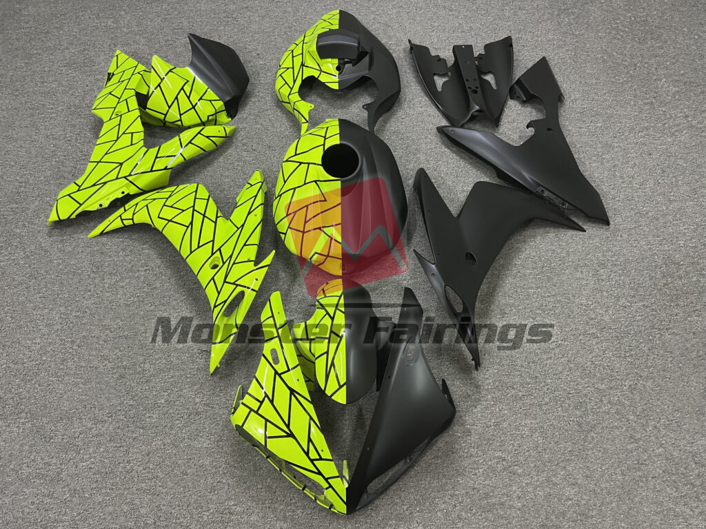 Yamaha R1 2004 - 2006 Gloss High Viz Yellow & Matte Black Pattern Split ABS fairings - custom motorcycle bodywork kit by Monster Fairings
