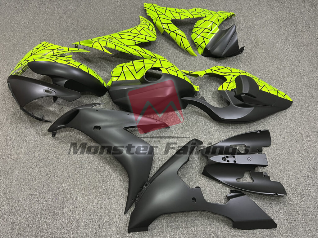 Yamaha R1 custom ABS fairings 2004 - 2006 in Gloss High Viz Yellow & Matte Black Pattern Split - durable replacement kit, Monster Fairings