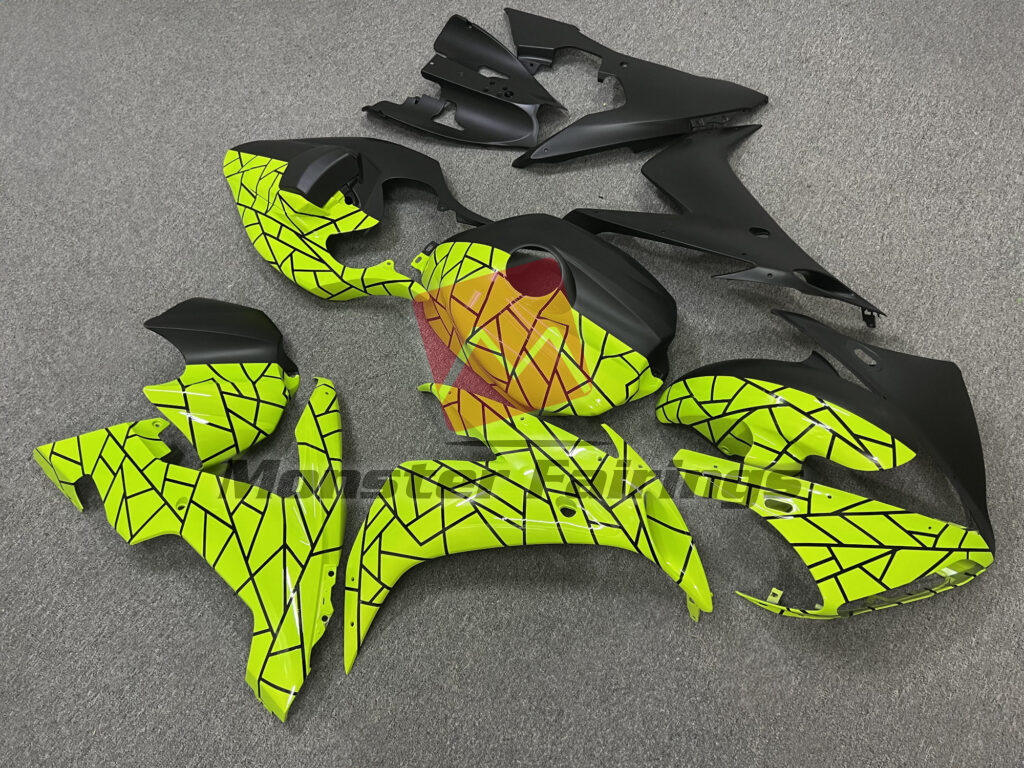 2004 - 2006 Yamaha R1 Gloss High Viz Yellow & Matte Black Pattern Split fairing set - ABS injection, custom painted by Monster Fairings