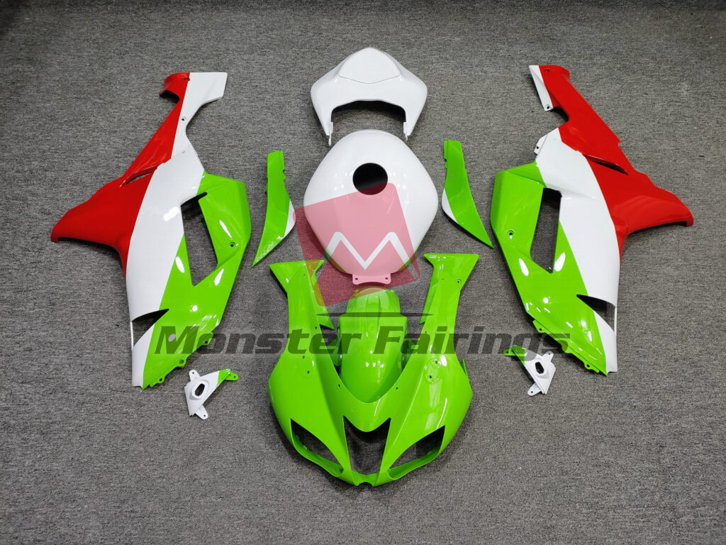 Kawasaki ZX6R 2007 - 2008 Gloss White & Green Red ABS fairings - custom motorcycle bodywork kit by Monster Fairings