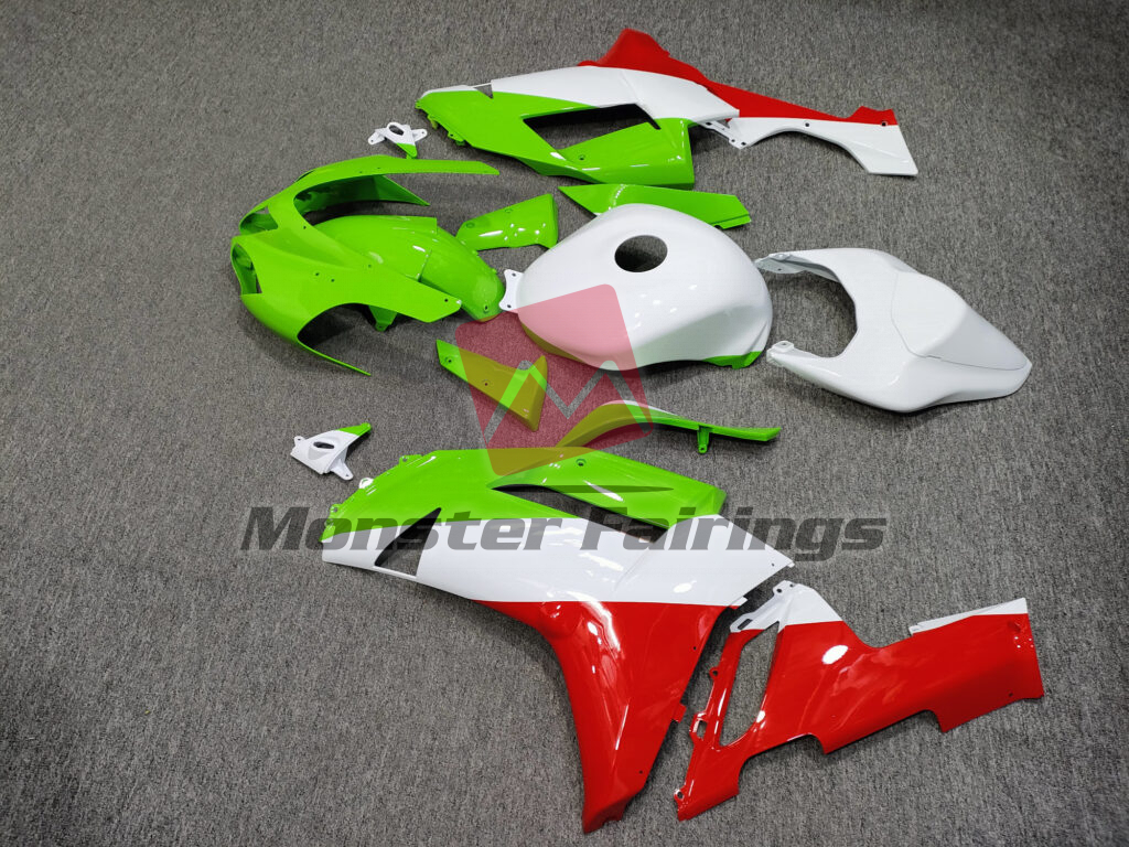 2007 - 2008 Kawasaki ZX6R Gloss White & Green Red fairing set - ABS injection, custom painted by Monster Fairings