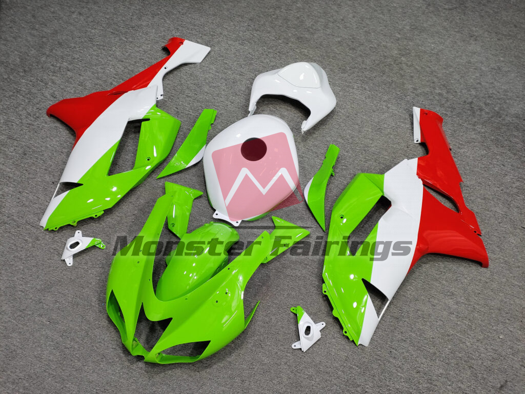 Gloss White & Green Red ABS fairings for Kawasaki ZX6R 2007 - 2008 - premium OEM fit kit by Monster Fairings