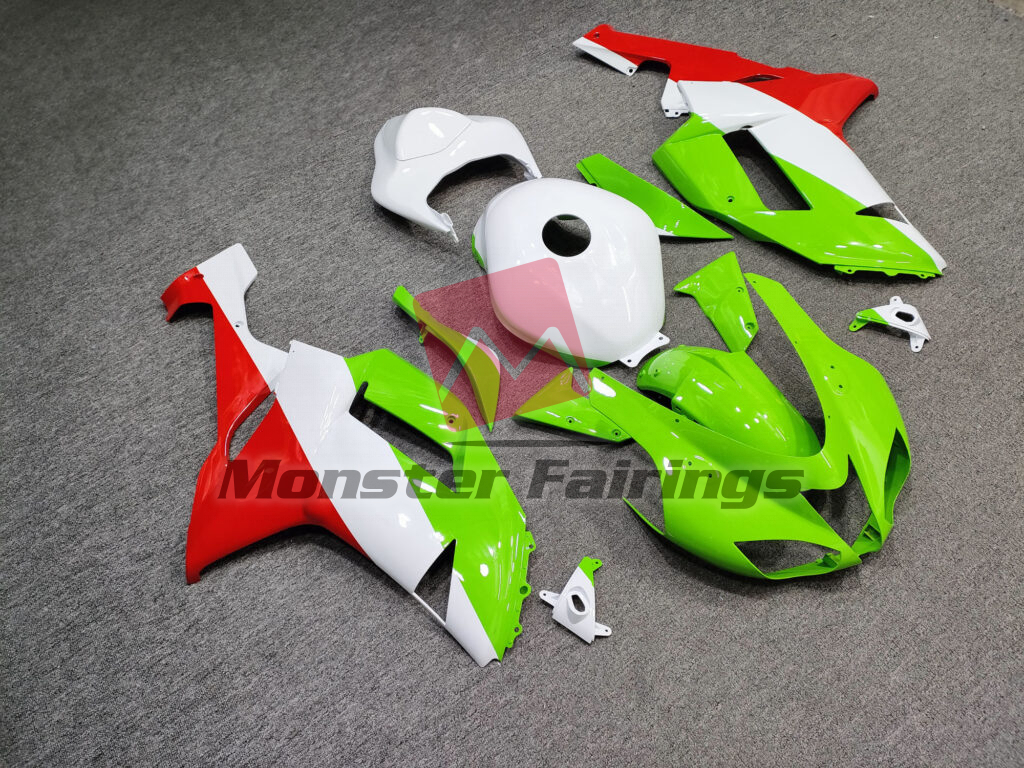 Kawasaki ZX6R custom ABS fairings 2007 - 2008 in Gloss White & Green Red - durable replacement kit, Monster Fairings