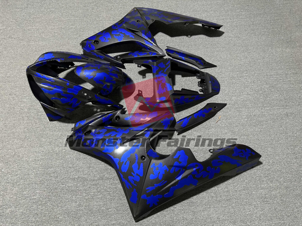 2009 - 2012 Triumph Daytona 675 Gloss Carbon Fiber Blue Camo fairing set - ABS injection, custom painted by Monster Fairings