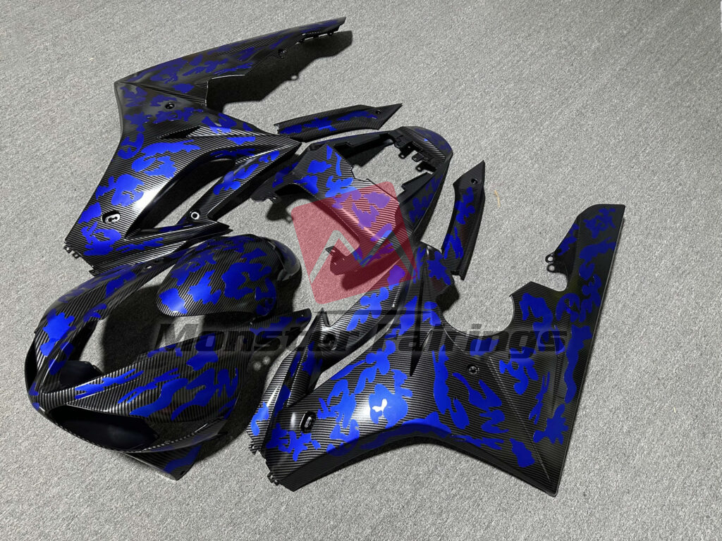 Triumph Daytona 675 custom ABS fairings 2009 - 2012 in Gloss Carbon Fiber Blue Camo - durable replacement kit, Monster Fairings
