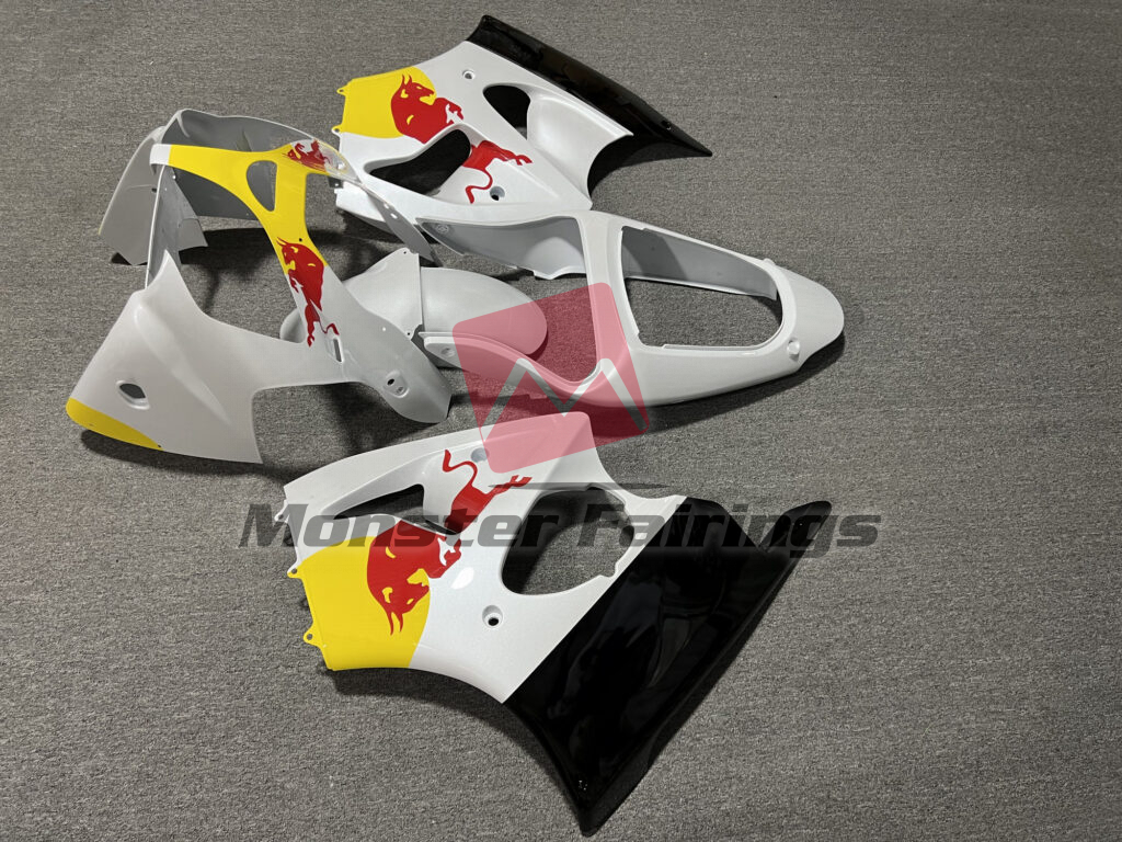 2000 - 2002 Kawasaki ZX6R Pearl White Gloss Black Bull fairing set - ABS injection, custom painted by Monster Fairings