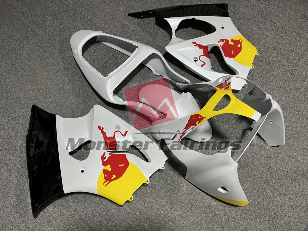 Kawasaki ZX6R custom ABS fairings 2000 - 2002 in Pearl White Gloss Black Bull - durable replacement kit, Monster Fairings