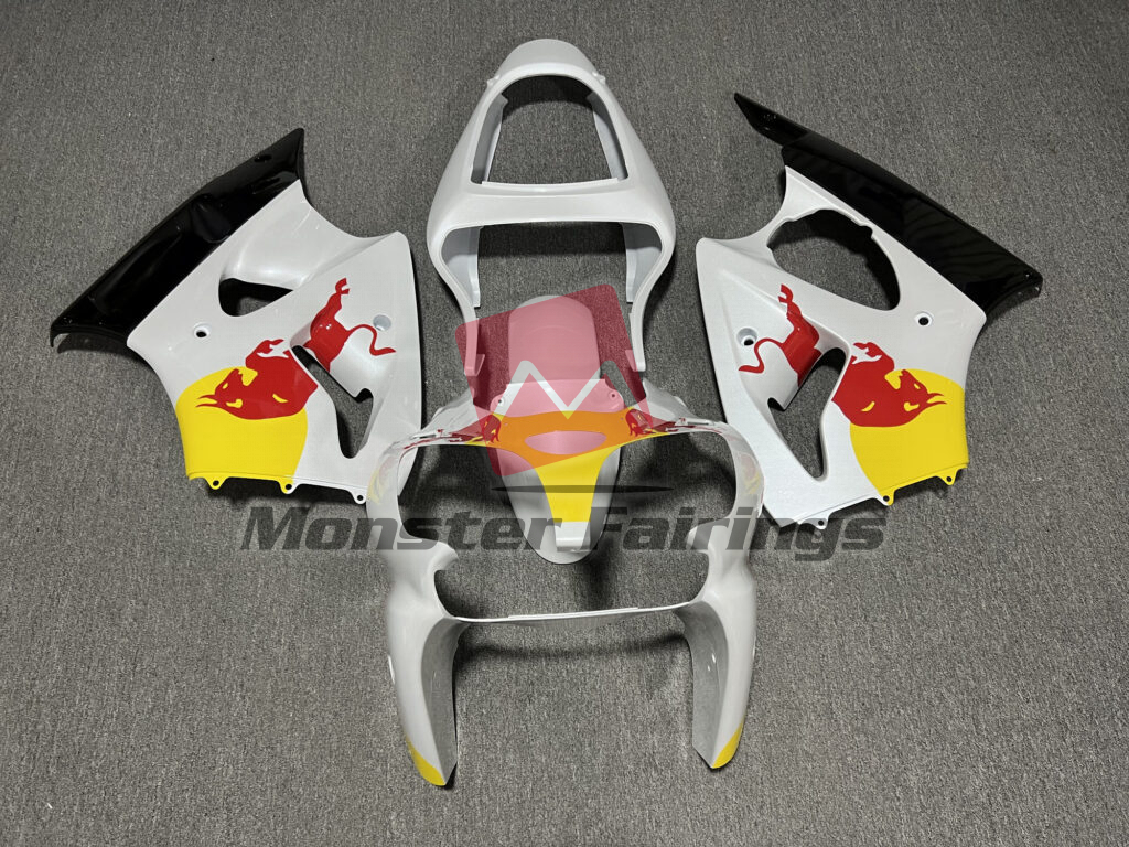 Kawasaki ZX6R 2000 - 2002 Pearl White Gloss Black Bull ABS fairings - custom motorcycle bodywork kit by Monster Fairings
