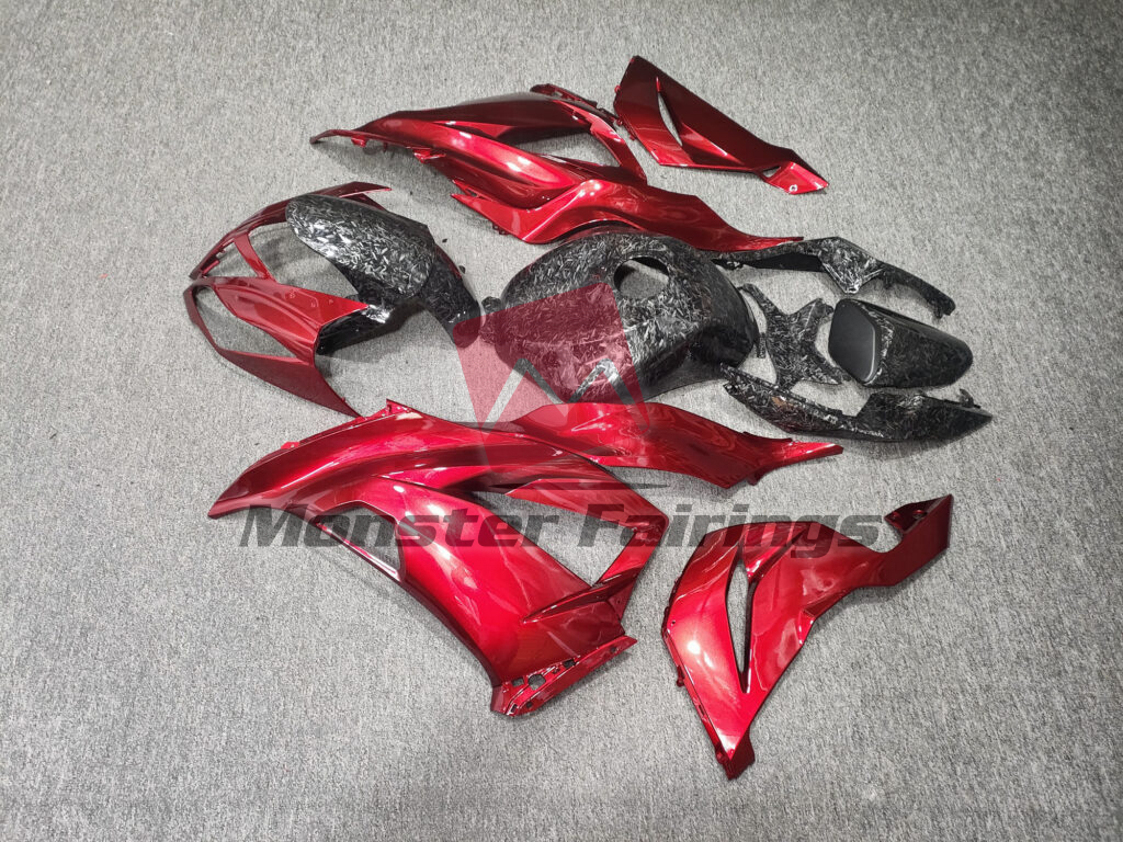 2013 - 2018 Kawasaki ZX6R Gloss Red Forged Carbon Fiber Style fairing set - ABS injection, custom painted by Monster Fairings
