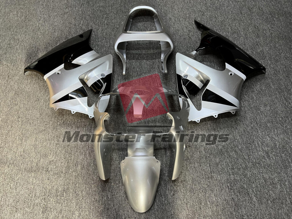 Kawasaki ZX6R 2000 - 2002 Gloss Silver Black ABS fairings - custom motorcycle bodywork kit by Monster Fairings