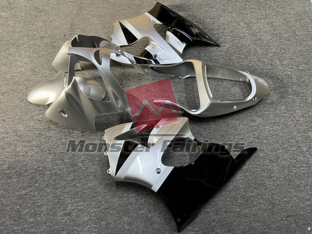 2000 - 2002 Kawasaki ZX6R Gloss Silver Black fairing set - ABS injection, custom painted by Monster Fairings