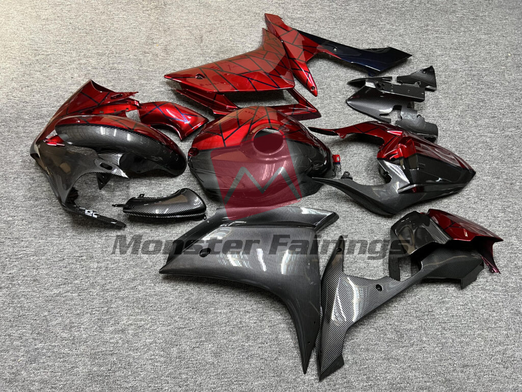 2007 - 2008 Yamaha R1 Gloss Red & Black Carbon Fiber Style Split fairing set - ABS injection, custom painted by Monster Fairings