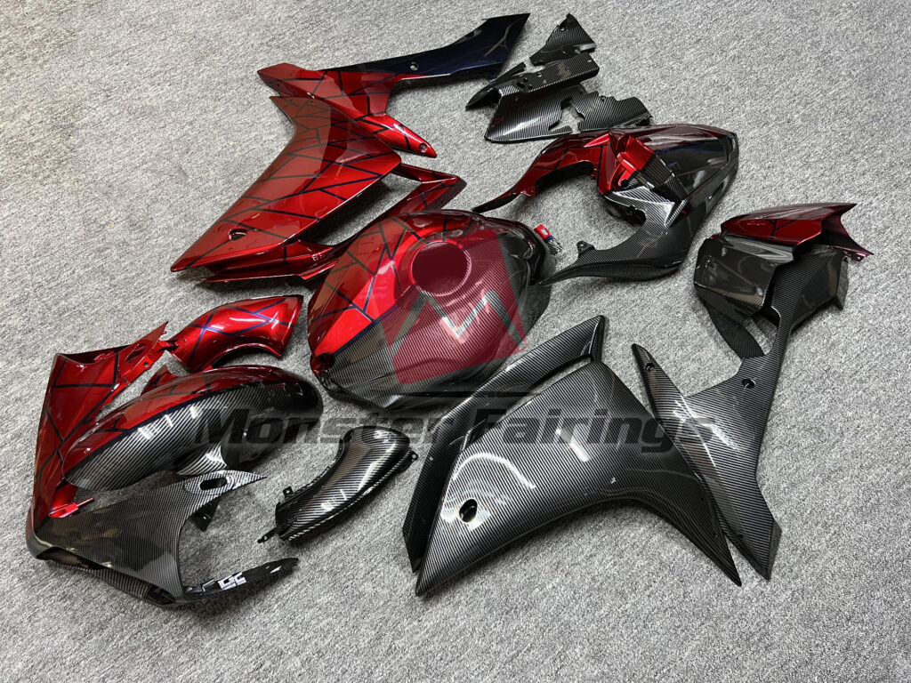 Yamaha R1 custom ABS fairings 2007 - 2008 in Gloss Red & Black Carbon Fiber Style Split - durable replacement kit, Monster Fairings