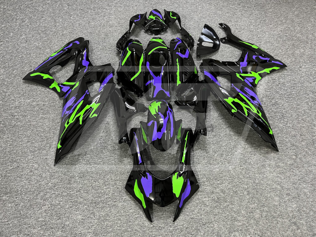 Yamaha R7 2021 - 2025 Gloss Black Purple & Green Camo ABS fairings - custom motorcycle bodywork kit by Monster Fairings