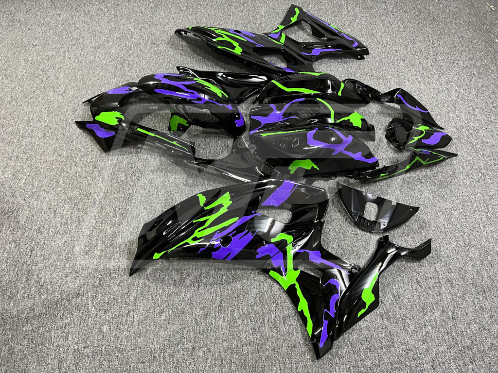 Yamaha R7 custom ABS fairings 2021 - 2025 in Gloss Black Purple & Green Camo - durable replacement kit, Monster Fairings