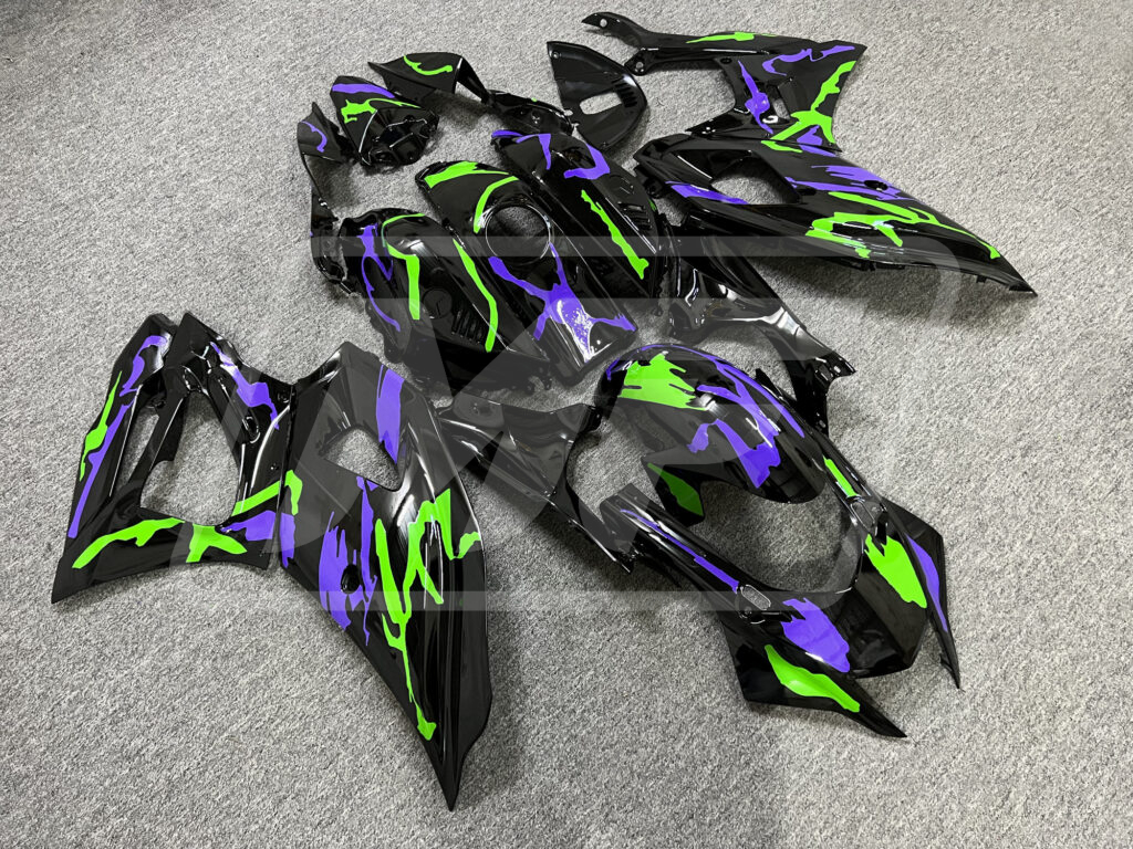 2021 - 2025 Yamaha R7 Gloss Black Purple & Green Camo fairing set - ABS injection, custom painted by Monster Fairings