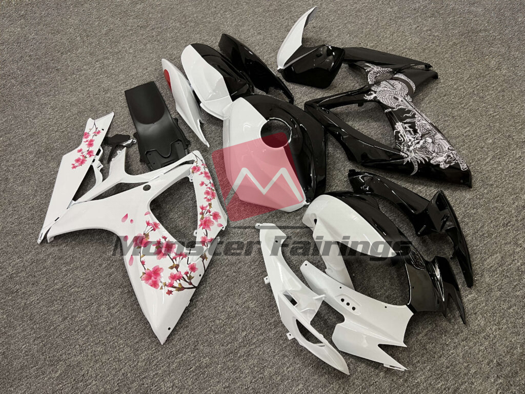 Gloss Black & White Cherry Blossom with Dragon Split ABS fairings for Suzuki GSXR 600 - 750 2006 - 2007 - premium OEM fit kit by Monster Fairings
