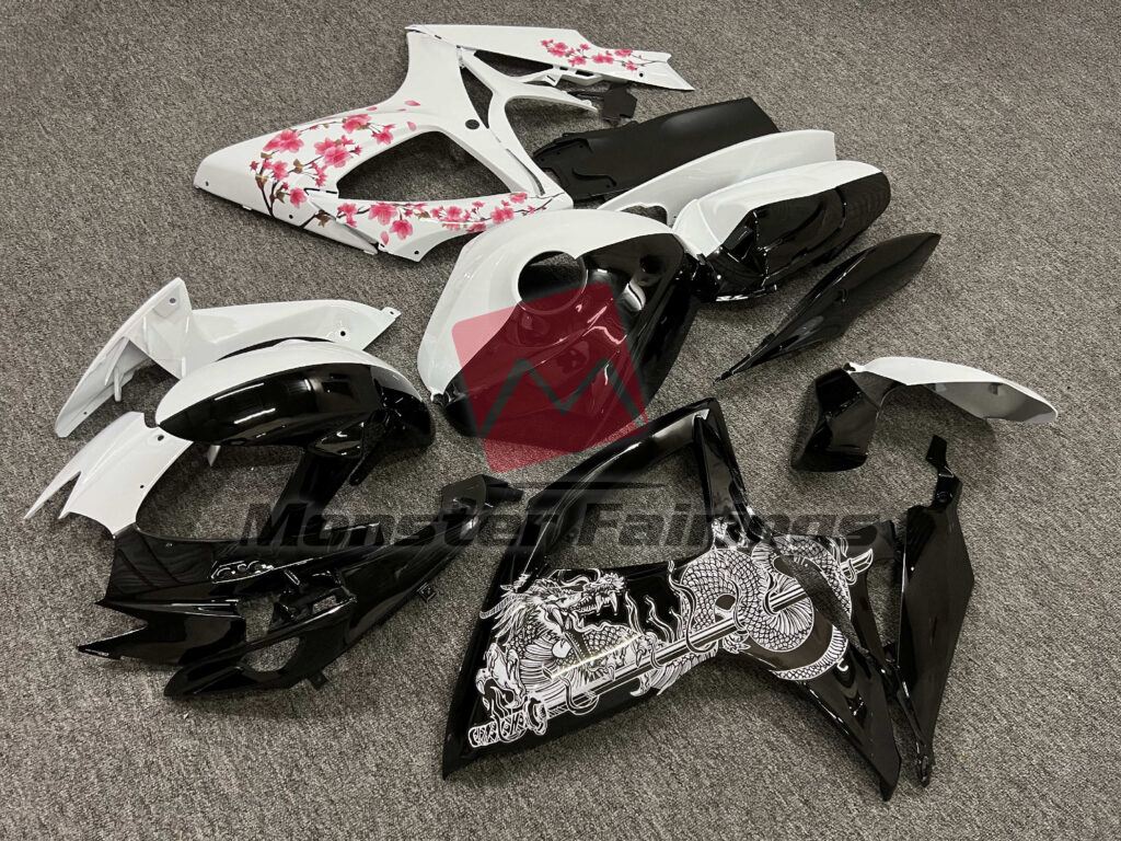 Suzuki GSXR custom ABS fairings 2006 - 2007 in Gloss Black & White Cherry Blossom with Dragon Split - durable replacement kit, Monster Fairings