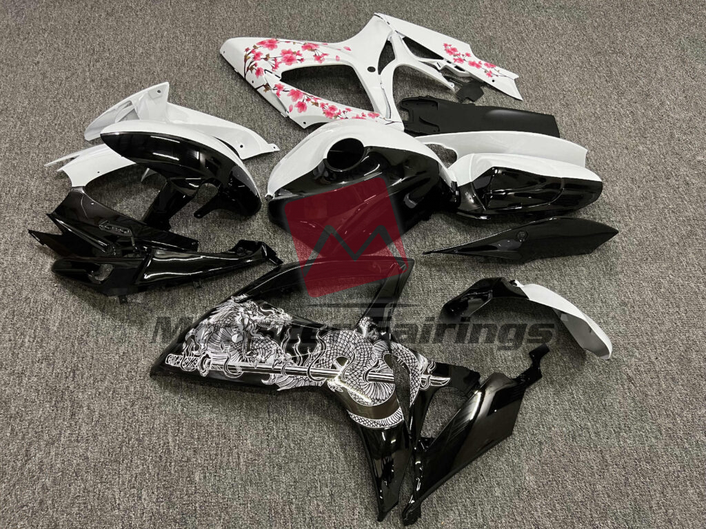 2006 - 2007 Suzuki GSXR 600 - 750 Gloss Black & White Cherry Blossom with Dragon Split fairing set - ABS injection, custom painted by Monster Fairings