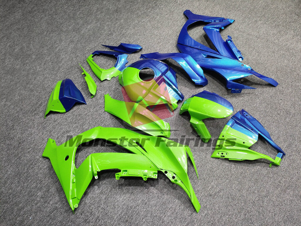 Kawasaki ZX10R custom ABS fairings 2011 - 2015 in Gloss Green & Blue Carbon Fiber Style Split - durable replacement kit, Monster Fairings