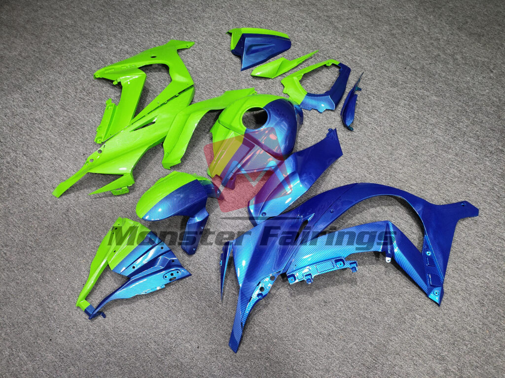 Gloss Green & Blue Carbon Fiber Style Split ABS fairings for Kawasaki ZX10R 2011 - 2015 - premium OEM fit kit by Monster Fairings