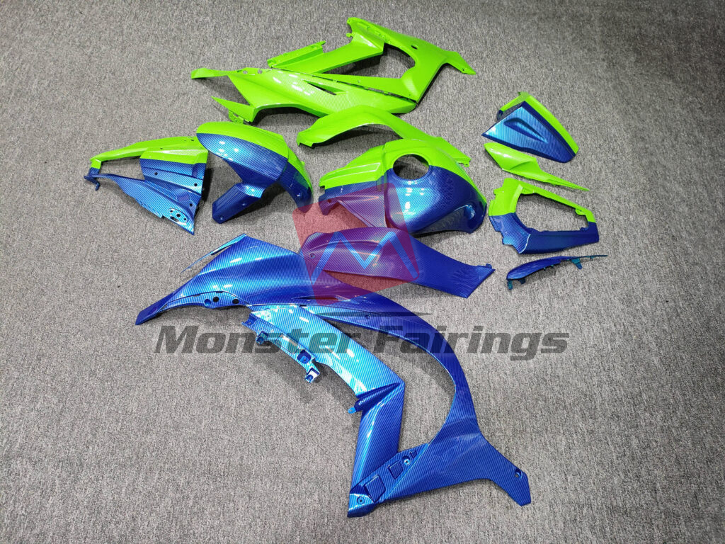 2011 - 2015 Kawasaki ZX10R Gloss Green & Blue Carbon Fiber Style Split fairing set - ABS injection, custom painted by Monster Fairings