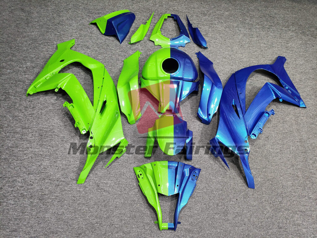 Kawasaki ZX10R 2011 - 2015 Gloss Green & Blue Carbon Fiber Style Split ABS fairings - custom motorcycle bodywork kit by Monster Fairings
