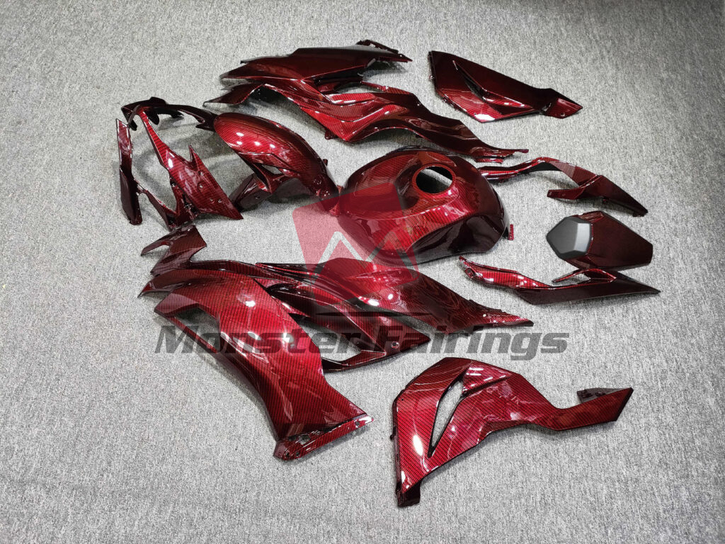 2019 - 2023 Kawasaki ZX6R Gloss Maroon Red Carbon Fiber Style fairing set - ABS injection, custom painted by Monster Fairings