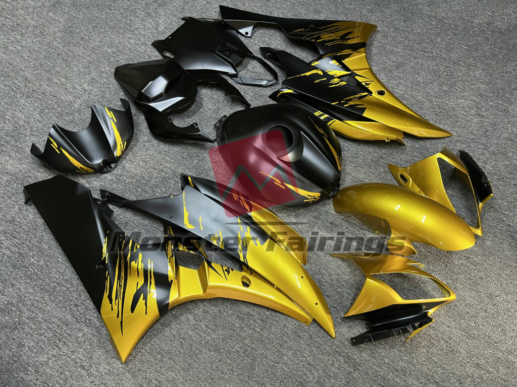 Yamaha R6 custom ABS fairings 2006 - 2007 in Matte Black & Gloss Gold Splash - durable replacement kit, Monster Fairings