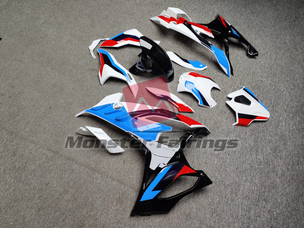 2023 - 2024 BMW S1000RR Gloss White Red & Light Blue fairing set - ABS injection, custom painted by Monster Fairings