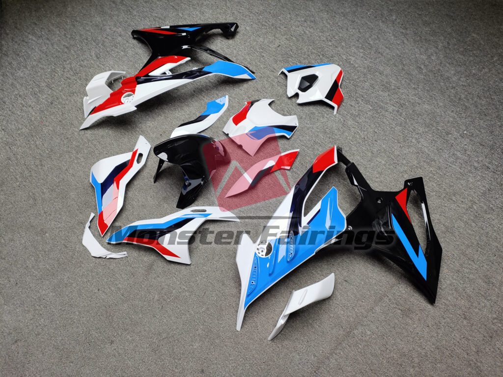 BMW S1000RR custom ABS fairings 2023 - 2024 in Gloss White Red & Light Blue - durable replacement kit, Monster Fairings
