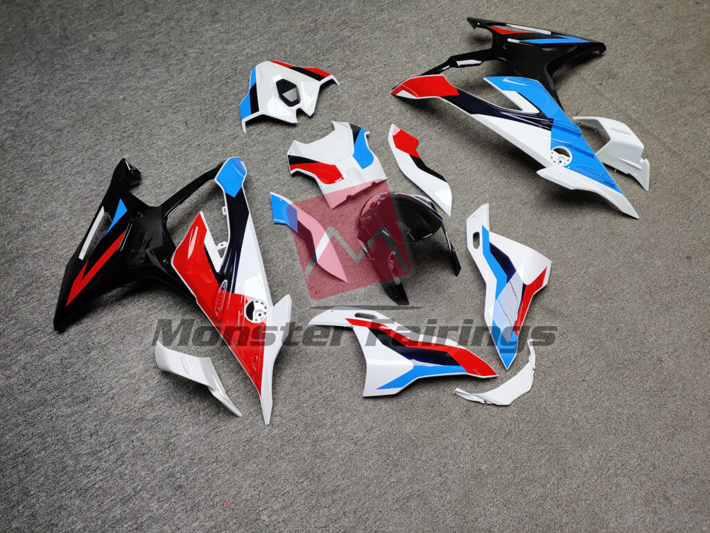 Gloss White Red & Light Blue ABS fairings for BMW S1000RR 2023 - 2024 - premium OEM fit kit by Monster Fairings