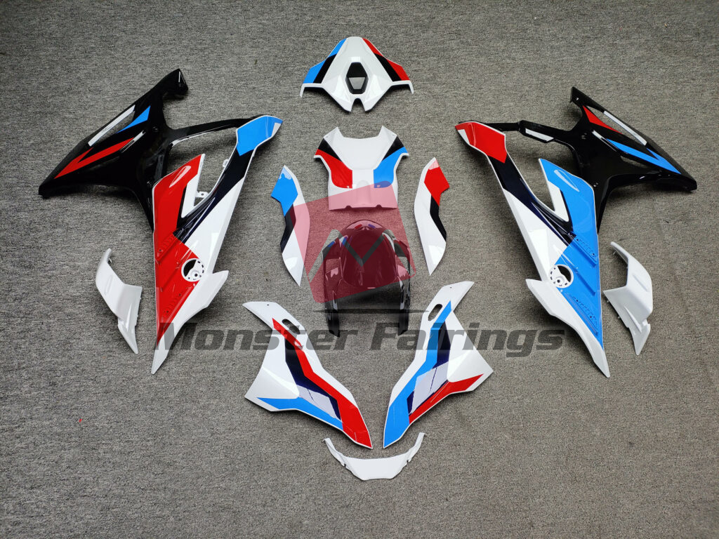 BMW S1000RR 2023 - 2024 Gloss White Red & Light Blue ABS fairings - custom motorcycle bodywork kit by Monster Fairings