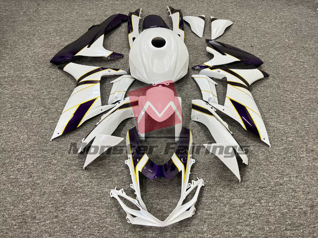 Suzuki GSXR 600 - 750 2011 - 2025 Pearl White Gloss Purple & Gold ABS fairings - custom motorcycle bodywork kit by Monster Fairings