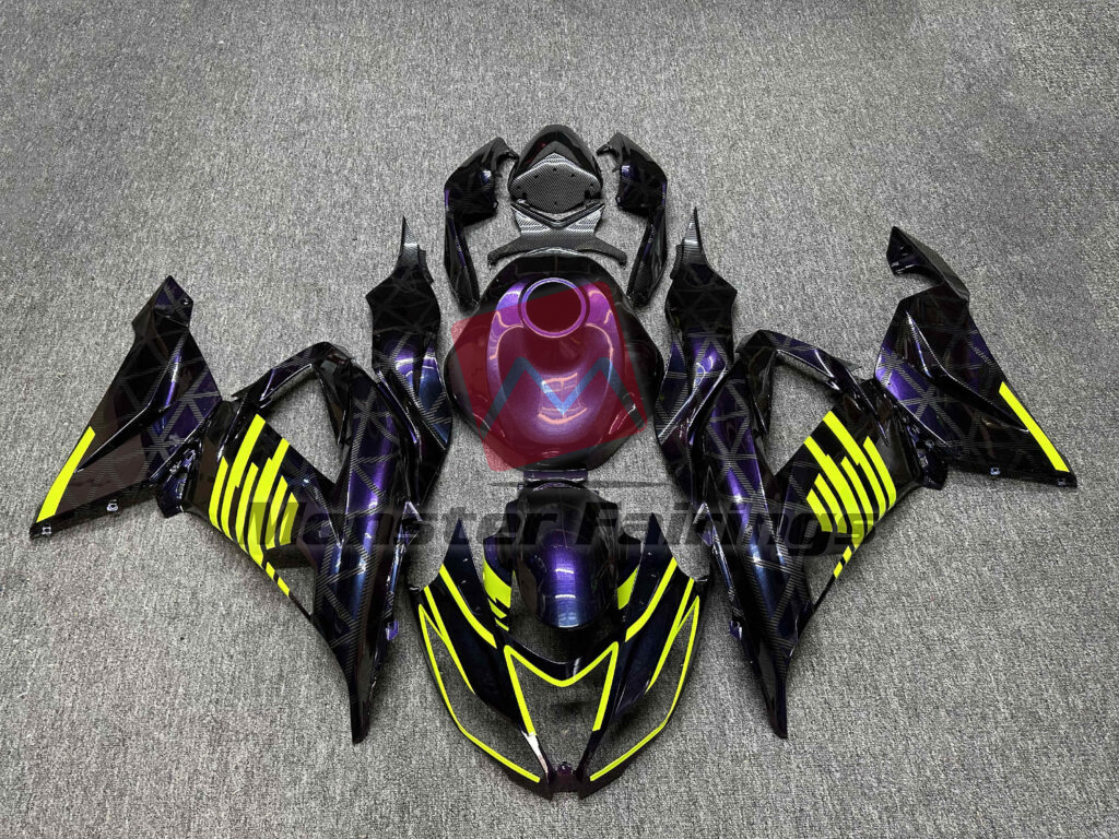 Kawasaki ZX6R 2013 - 2018 Gloss Gradient Purple Carbon Fiber Style & High Vis Yellow ABS fairings - custom motorcycle bodywork kit by Monster Fairings
