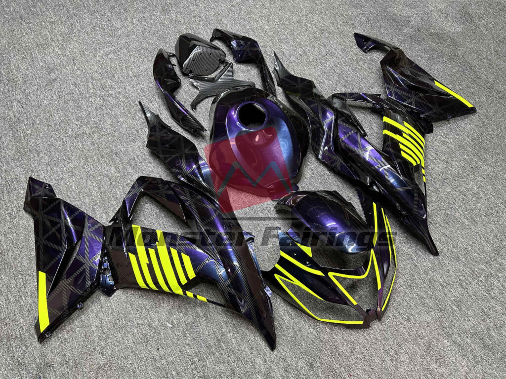 Gloss Gradient Purple Carbon Fiber Style & High Vis Yellow ABS fairings for Kawasaki ZX6R 2013 - 2018 - premium OEM fit kit by Monster Fairings