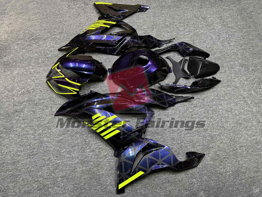 2013 - 2018 Kawasaki ZX6R Gloss Gradient Purple Carbon Fiber Style & High Vis Yellow fairing set - ABS injection, custom painted by Monster Fairings