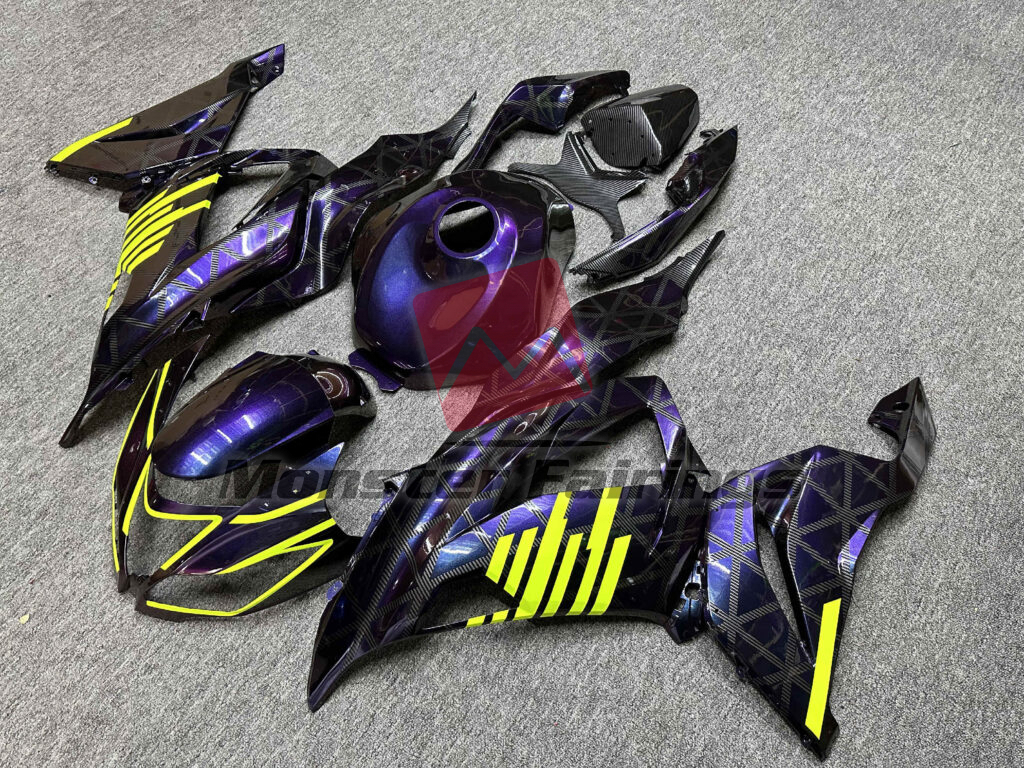 Kawasaki ZX6R custom ABS fairings 2013 - 2018 in Gloss Gradient Purple Carbon Fiber Style & High Vis Yellow - durable replacement kit, Monster Fairings