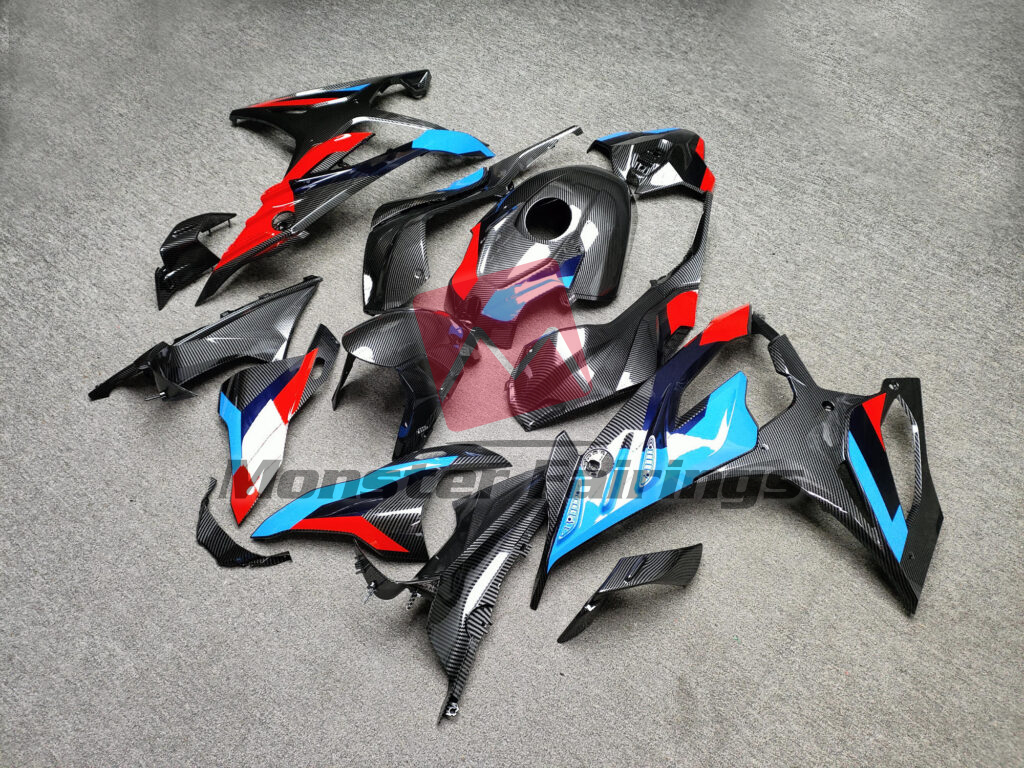 BMW S1000RR custom ABS fairings 2023 - 2024 in Gloss Carbon Fiber Style Blue & Red - durable replacement kit, Monster Fairings
