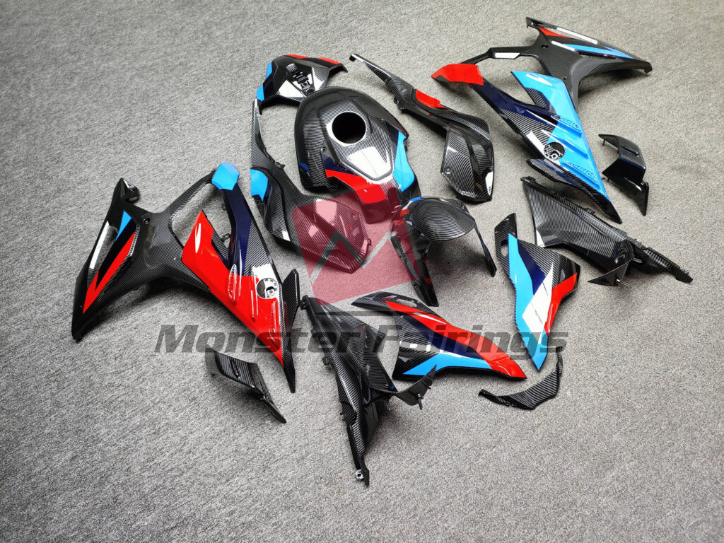 Gloss Carbon Fiber Style Blue & Red ABS fairings for BMW S1000RR 2023 - 2024 - premium OEM fit kit by Monster Fairings