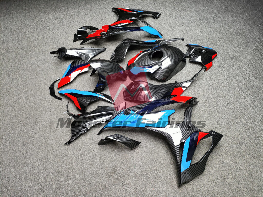2023 - 2024 BMW S1000RR Gloss Carbon Fiber Style Blue & Red fairing set - ABS injection, custom painted by Monster Fairings