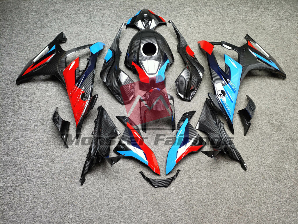 BMW S1000RR 2023 - 2024 Gloss Carbon Fiber Style Blue & Red ABS fairings - custom motorcycle bodywork kit by Monster Fairings